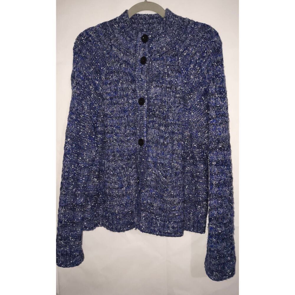 Talbots Wool blend Metallic Tweed Mockneck Cardigan navy  metallic/silver specks